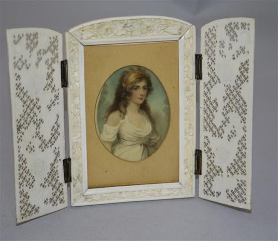 A pair of early 20th century oil on ivory portrait miniatures, height overall 5in.